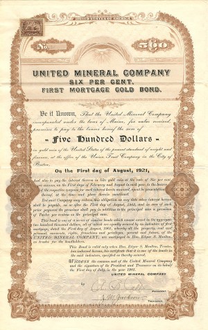 United Mineral Co. - $500 Bond (Uncanceled)